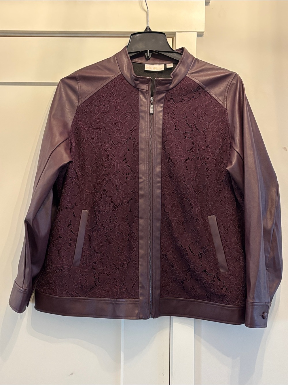 Belle by Kim Gravel Plum Lace-Front Leather Jacket